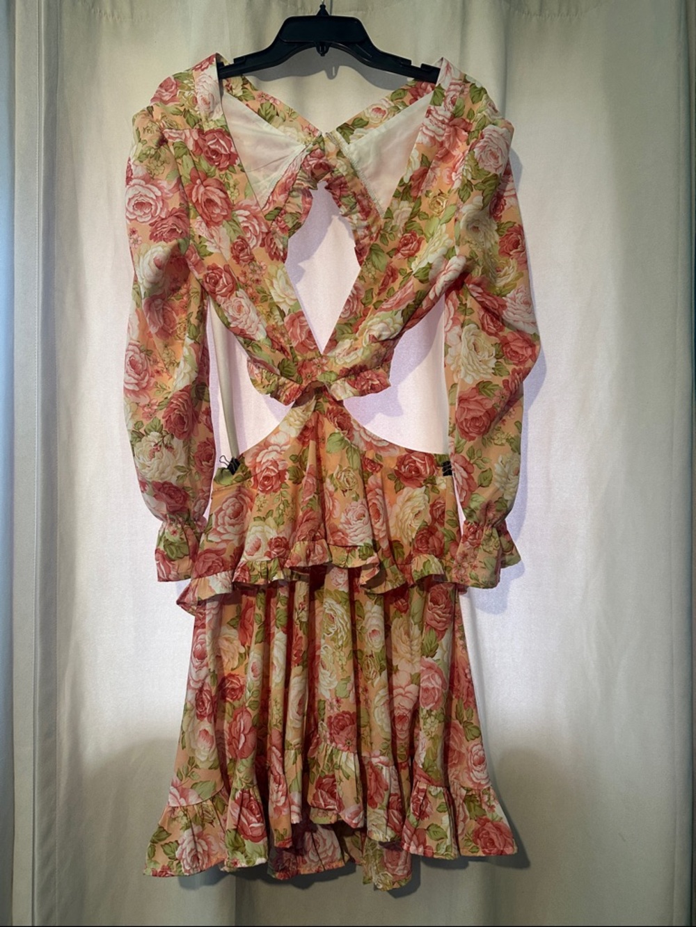 SHEIN Pink & Green Floral Ruffle Long-Sleeve Open-Back Dress